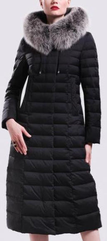 Black Fur-Hooded Long Paneled Puffer Down Coat - DESIGNER INSPIRED FASHIONS