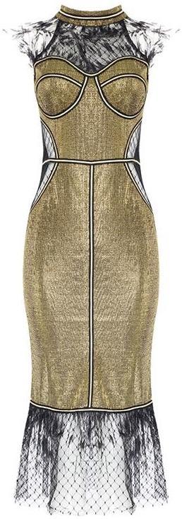 Gold Metallic Feather-Trim Dress