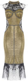 Gold Metallic Feather-Trim Dress