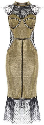 Gold Metallic Feather-Trim Dress