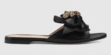 Leather Slide with Bow-Black