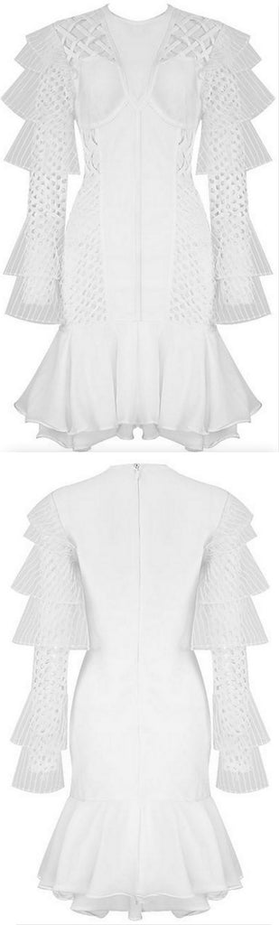 Ruffled Mesh-Paneled Bandage Dress, White