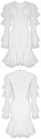 Ruffled Mesh-Paneled Bandage Dress, White
