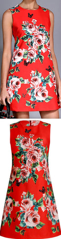 Butterfly-Embellished Rose Print Shift Dress