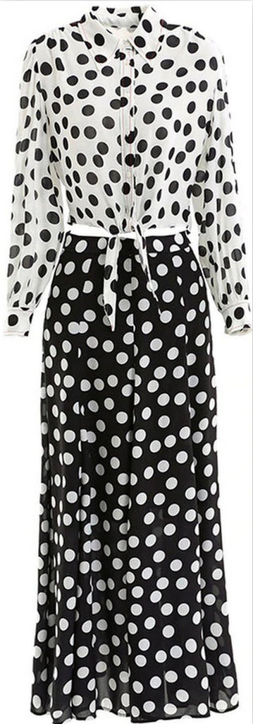 Polka Dot Printed Tie-Waist Shirt and Maxi Skirt Set