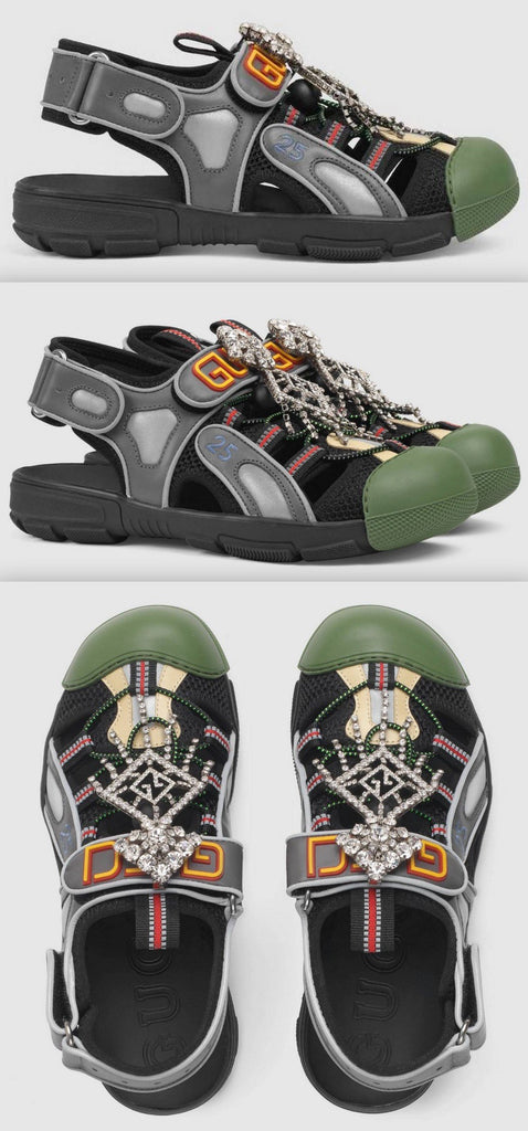 Leather and Mesh Sandals with Crystals