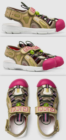 Leather and Mesh Sandals, Green and Pink