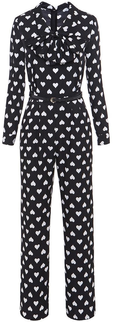 Bow-Detailed Heart-Print Jumpsuit-Black & White or Burgundy & Blue - DESIGNER INSPIRED FASHIONS