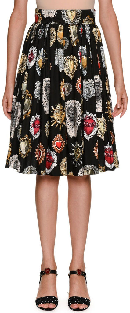 Sacred Heart Pleated A-Line Printed Poplin Skirt