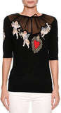 Short-Sleeve Cherub-Embroidered Top with Tulle Inset