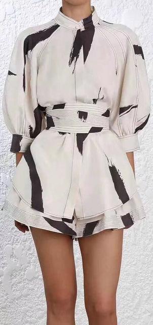 Brushstroke Mandarin Collar Shirt and Short Set