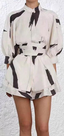 Brushstroke Mandarin Collar Shirt and Short Set