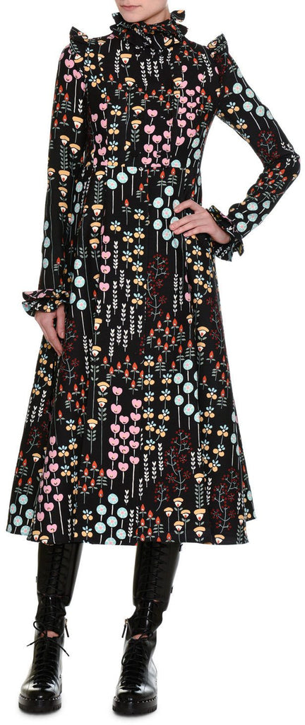 Flower Stem Pleated Midi Dress