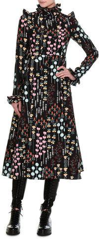 Flower Stem Pleated Midi Dress