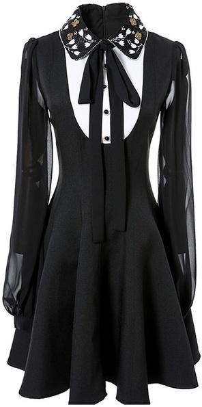 Black Tuxedo-Style Embellished Collar Dress