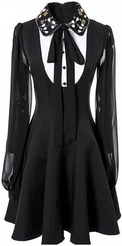 Black Tuxedo-Style Embellished Collar Dress