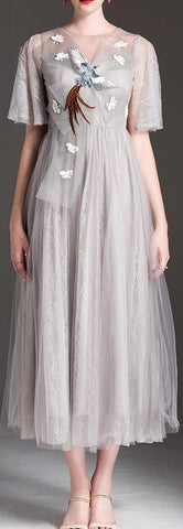Bird-Applique Front-Bow Tulle Dress - DESIGNER INSPIRED FASHIONS