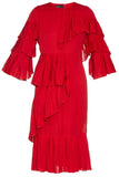 Georgette Ruffle Pleated Dress in Red - DESIGNER INSPIRED FASHIONS