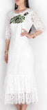 Banana-Leaf Embroidered Butterfly-Applique Lace Midi Dress-White - DESIGNER INSPIRED FASHIONS