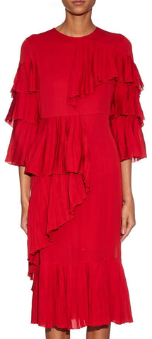 Georgette Ruffle Pleated Dress in Red - DESIGNER INSPIRED FASHIONS