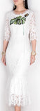 Banana-Leaf Embroidered Butterfly-Applique Lace Midi Dress-White - DESIGNER INSPIRED FASHIONS