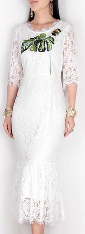 Banana-Leaf Embroidered Butterfly-Applique Lace Midi Dress-White - DESIGNER INSPIRED FASHIONS