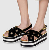 Embroidered Velvet Crossover Platform Sandals