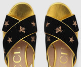 Embroidered Velvet Crossover Platform Sandals