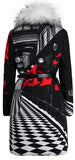 Printed Feather-Fill Fur-Trim Coat