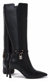 Black Mid-Calf Leather Boots with Locket
