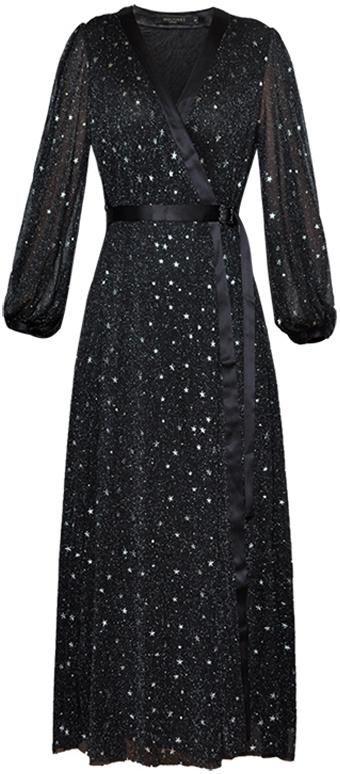 Black Wrap Star-Embroidered Midi Dress