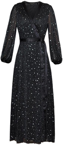 Black Wrap Star-Embroidered Midi Dress