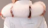 Striped-Fur-Hooded Long Puffer Coat,  White