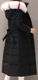Striped-Fur-Hooded Long Puffer Coat, Black
