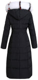 Striped-Fur-Hooded Long Puffer Coat, Black