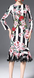 Floral & Stripe Brocade Lace-Trim Long-Sleeve Midi Dress