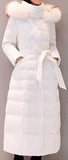 Striped-Fur-Hooded Long Puffer Coat,  White
