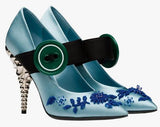 Jeweled-Heel Satin Mary Jane Pumps - Light Blue or Black