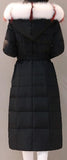 Striped-Fur-Hooded Long Puffer Coat, Black