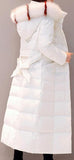 Striped-Fur-Hooded Long Puffer Coat,  White