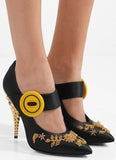 Jeweled-Heel Satin Mary Jane Pumps - Light Blue or Black