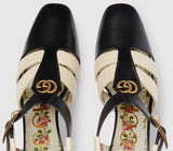 Leather Mid-Heel T-Strap Sandal - Black and White