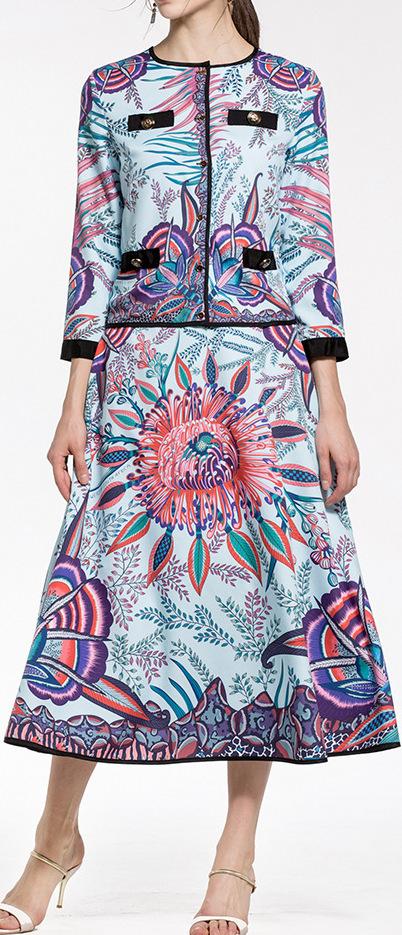 Printed Top & Skirt Set in Blue