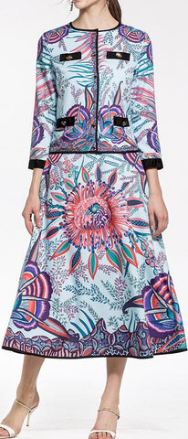 Printed Top & Skirt Set in Blue