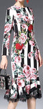 Floral & Stripe Brocade Lace-Trim Long-Sleeve Midi Dress