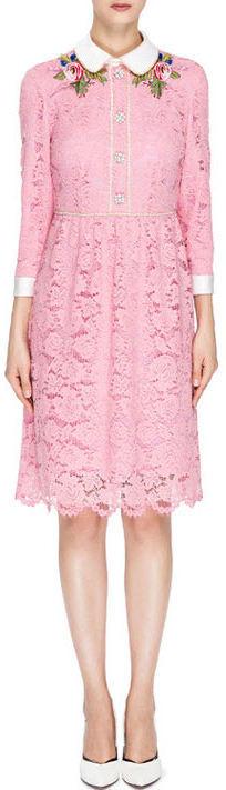 Embroidered Lace Crystal-Button Dress, Pink