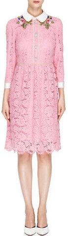 Embroidered Lace Crystal-Button Dress, Pink