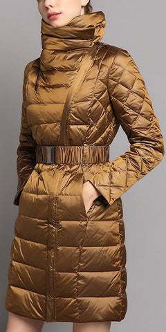 Panelled White Goose Filled Puffer Coat, Golden Brown