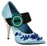 Jeweled-Heel Satin Mary Jane Pumps - Light Blue or Black