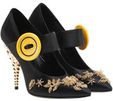 Jeweled-Heel Satin Mary Jane Pumps - Light Blue or Black